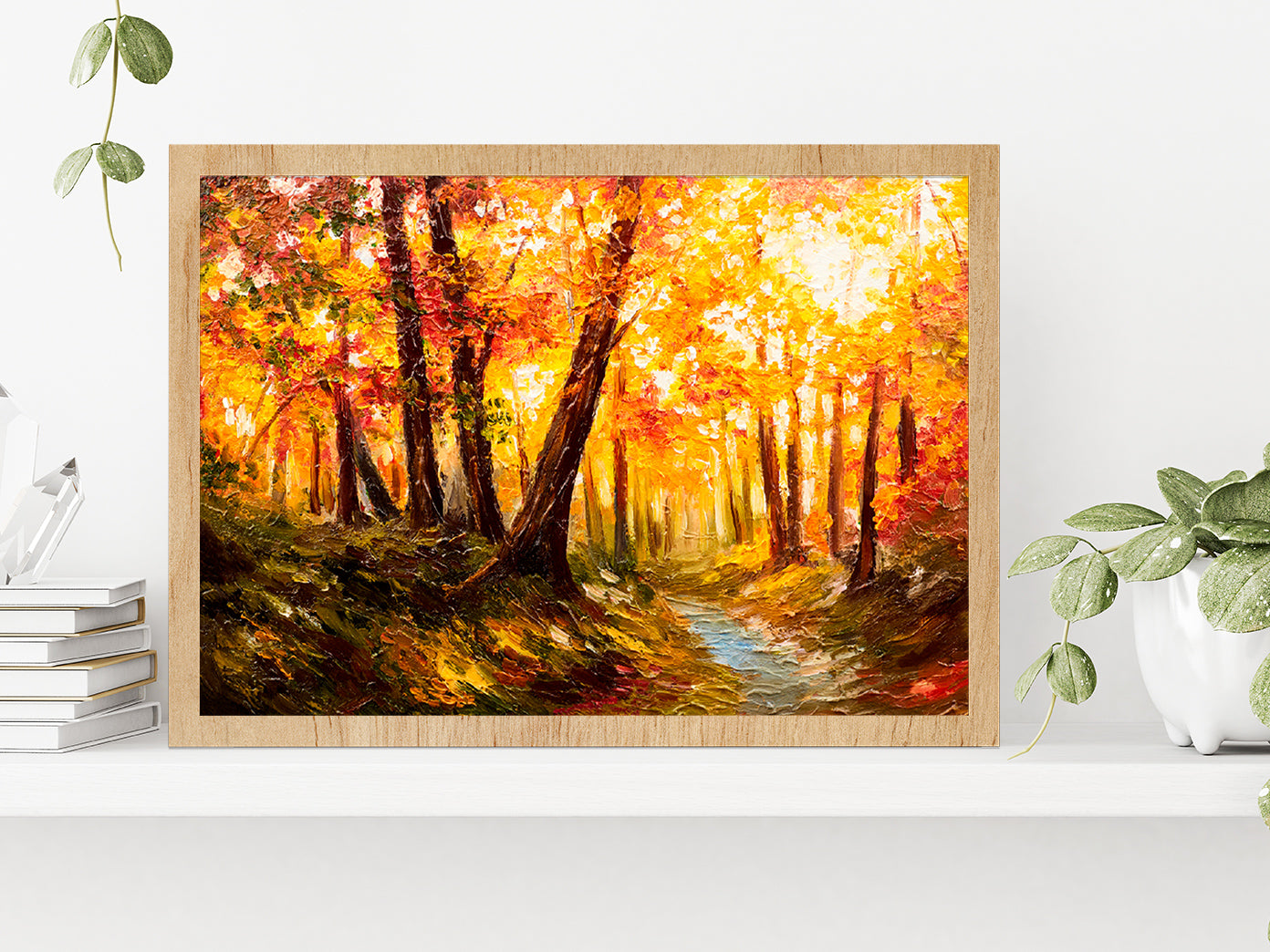 Autumn Forest Oil Painting Glass Framed Wall Art, Ready to Hang Quality Print Without White Border Oak