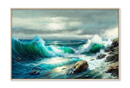 Sea Waves Crashing on Rocks Oil Painting Wall Art Limited Edition High Quality Print Canvas Box Framed Natural