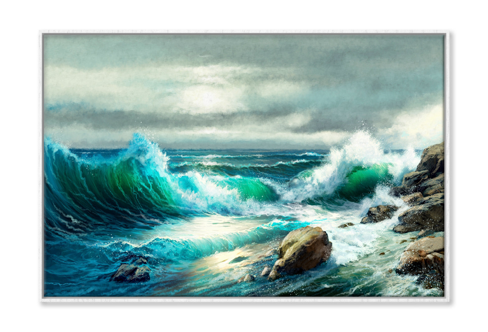 Sea Waves Crashing on Rocks Oil Painting Wall Art Limited Edition High Quality Print Canvas Box Framed White