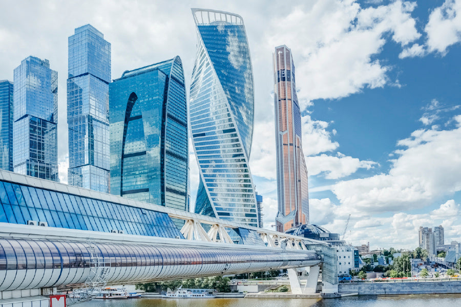 Mirror Skyscrapers In Moscow City Glass Framed Wall Art, Ready to Hang Quality Print