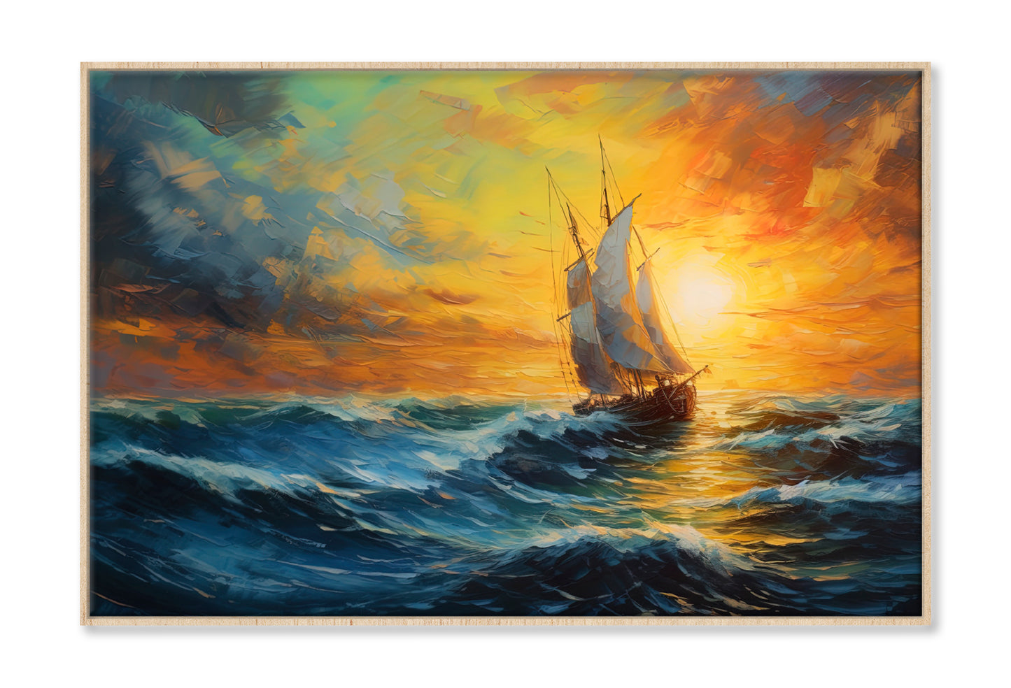 Sailboat Boat at Sunset on the Ocean Oil Painting Wall Art Limited Edition High Quality Print Canvas Box Framed Natural