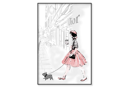 Pink Girl With her Puppy Fashion Wall Art Limited Edition High Quality Print Canvas Box Framed Black