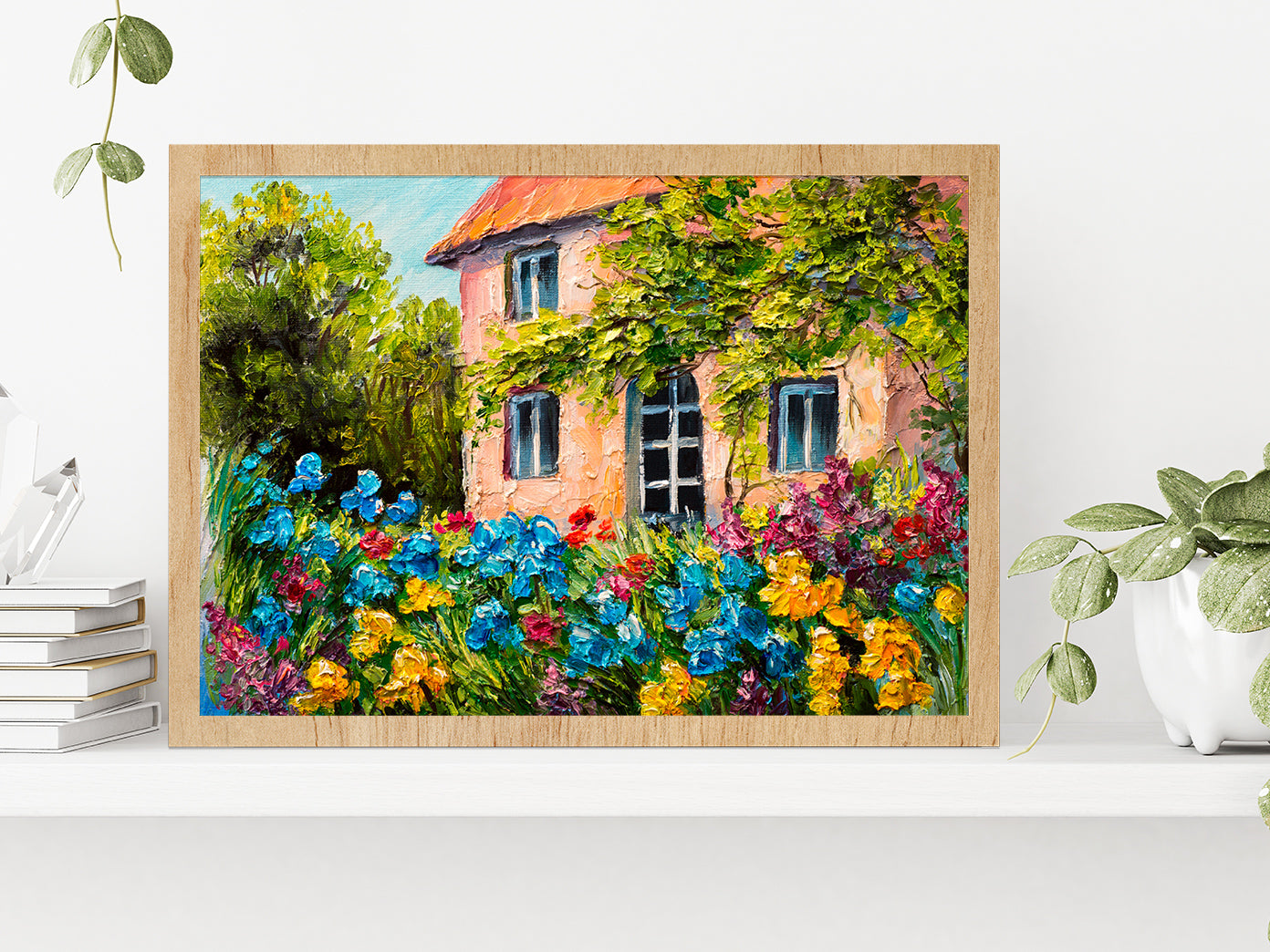 House In The Flower Garden Glass Framed Wall Art, Ready to Hang Quality Print Without White Border Oak