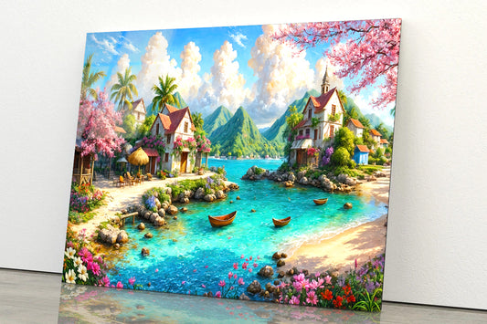 Beautiful Painting of a Lakeside Village with Mountains Acrylic Glass Print Tempered Glass Wall Art 100% Made in Australia Ready to Hang