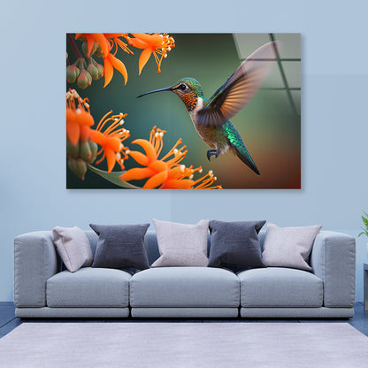 Hummingbird Flies over a Bright Flower Acrylic Glass Print Tempered Glass Wall Art 100% Made in Australia Ready to Hang - Bella Home Decor