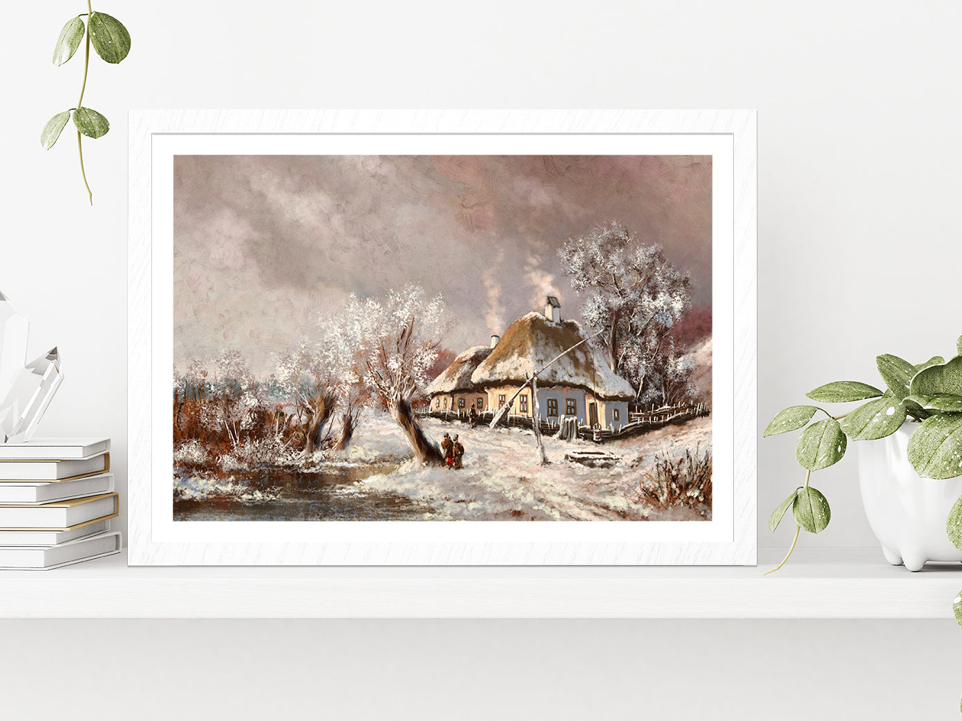 Rural Landscape Old Village, Old House In Winter Glass Framed Wall Art, Ready to Hang Quality Print With White Border White