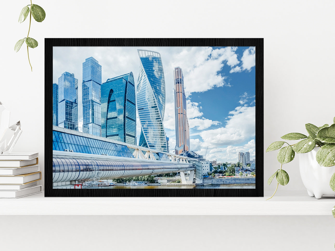 Mirror Skyscrapers In Moscow City Glass Framed Wall Art, Ready to Hang Quality Print Without White Border Black