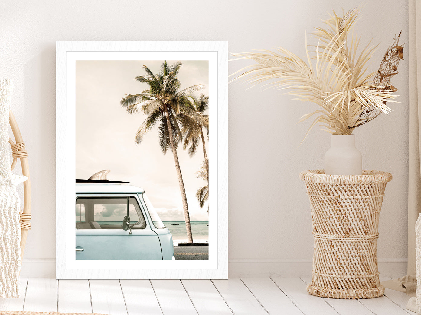 Van near Palm Beach Faded Photograph Glass Framed Wall Art, Ready to Hang Quality Print With White Border White