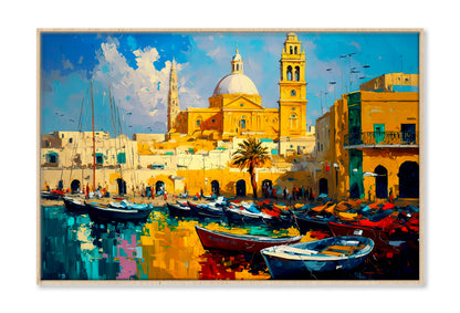 Cityscape View Inspired From Marsaxlokk Oil Painting Wall Art Limited Edition High Quality Print Canvas Box Framed Natural