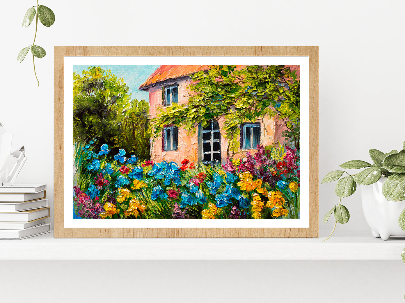 House In The Flower Garden Glass Framed Wall Art, Ready to Hang Quality Print With White Border Oak