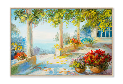 Flower Vase In Terrace & Near The Sea Oil Painting Wall Art Limited Edition High Quality Print Canvas Box Framed Natural