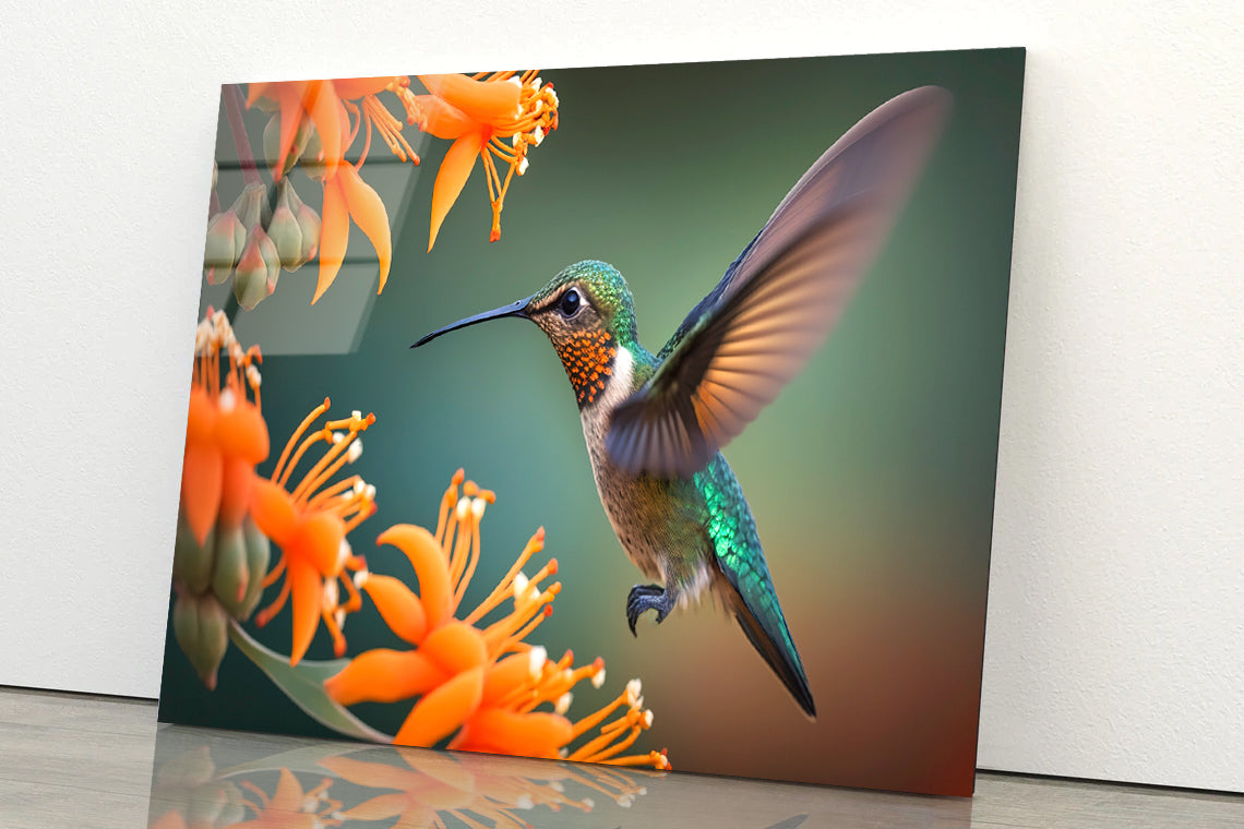 Hummingbird Flies over a Bright Flower Acrylic Glass Print Tempered Glass Wall Art 100% Made in Australia Ready to Hang - Bella Home Decor