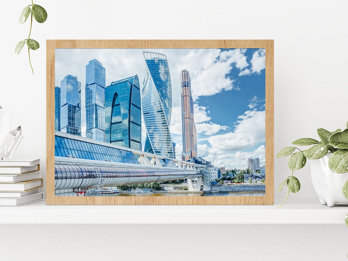 Mirror Skyscrapers In Moscow City Glass Framed Wall Art, Ready to Hang Quality Print Without White Border Oak