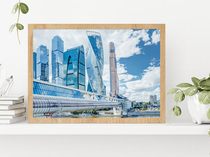 Mirror Skyscrapers In Moscow City Glass Framed Wall Art, Ready to Hang Quality Print Without White Border Oak