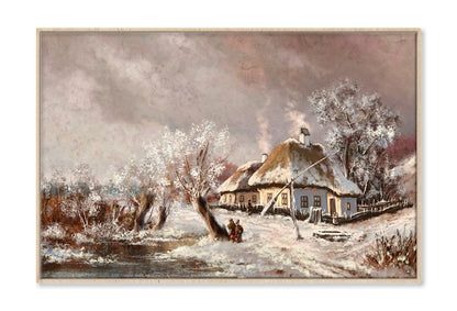 Rural Landscape Old Village, Old House In Winter Oil Painting Wall Art Limited Edition High Quality Print Canvas Box Framed Natural