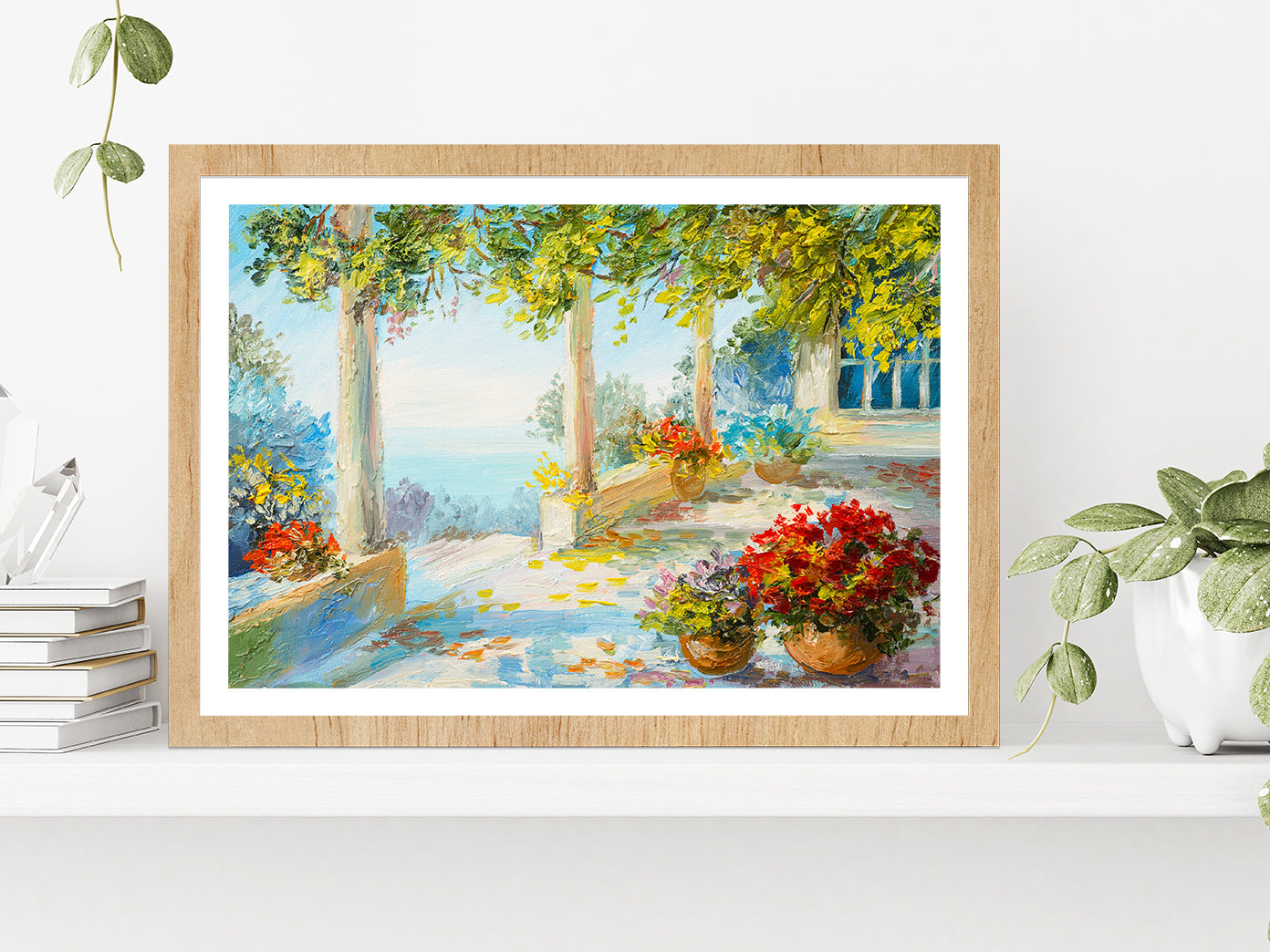 Flower Vase In Terrace & Near The Sea Glass Framed Wall Art, Ready to Hang Quality Print With White Border Oak