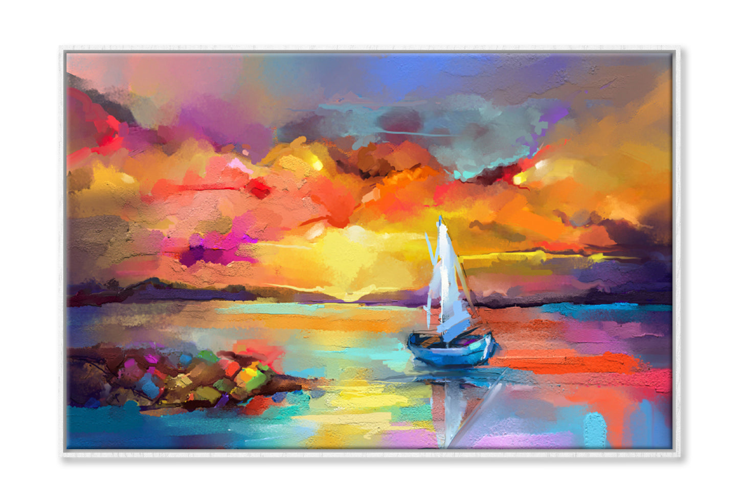 Seascape Oil Painting With Sunlight Wall Art Limited Edition High Quality Print Canvas Box Framed White