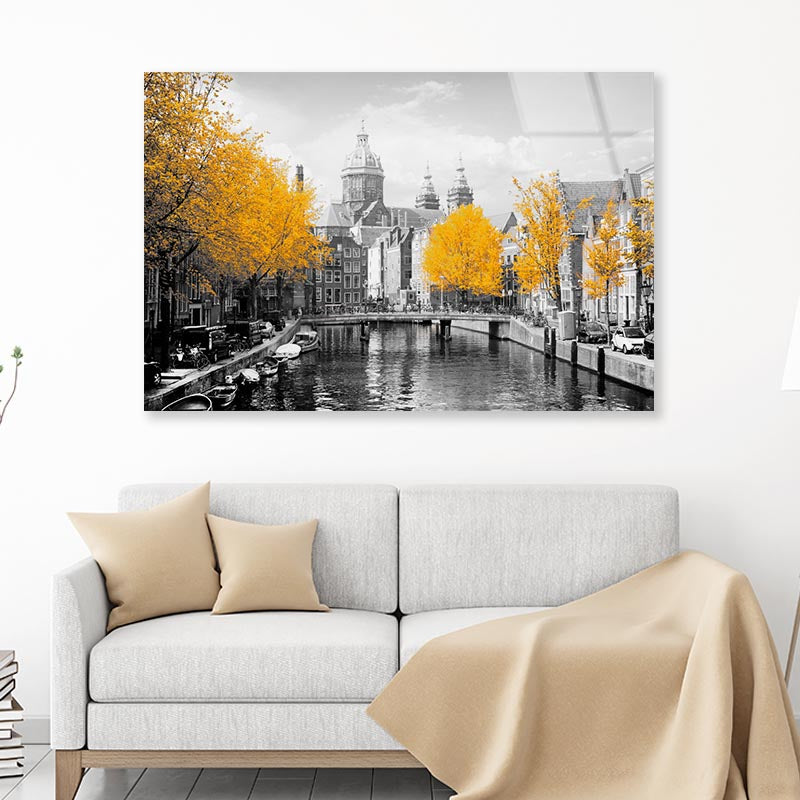 B&W Old Town Canal in Amsterdam Acrylic Glass Print Tempered Glass Wall Art 100% Made in Australia Ready to Hang