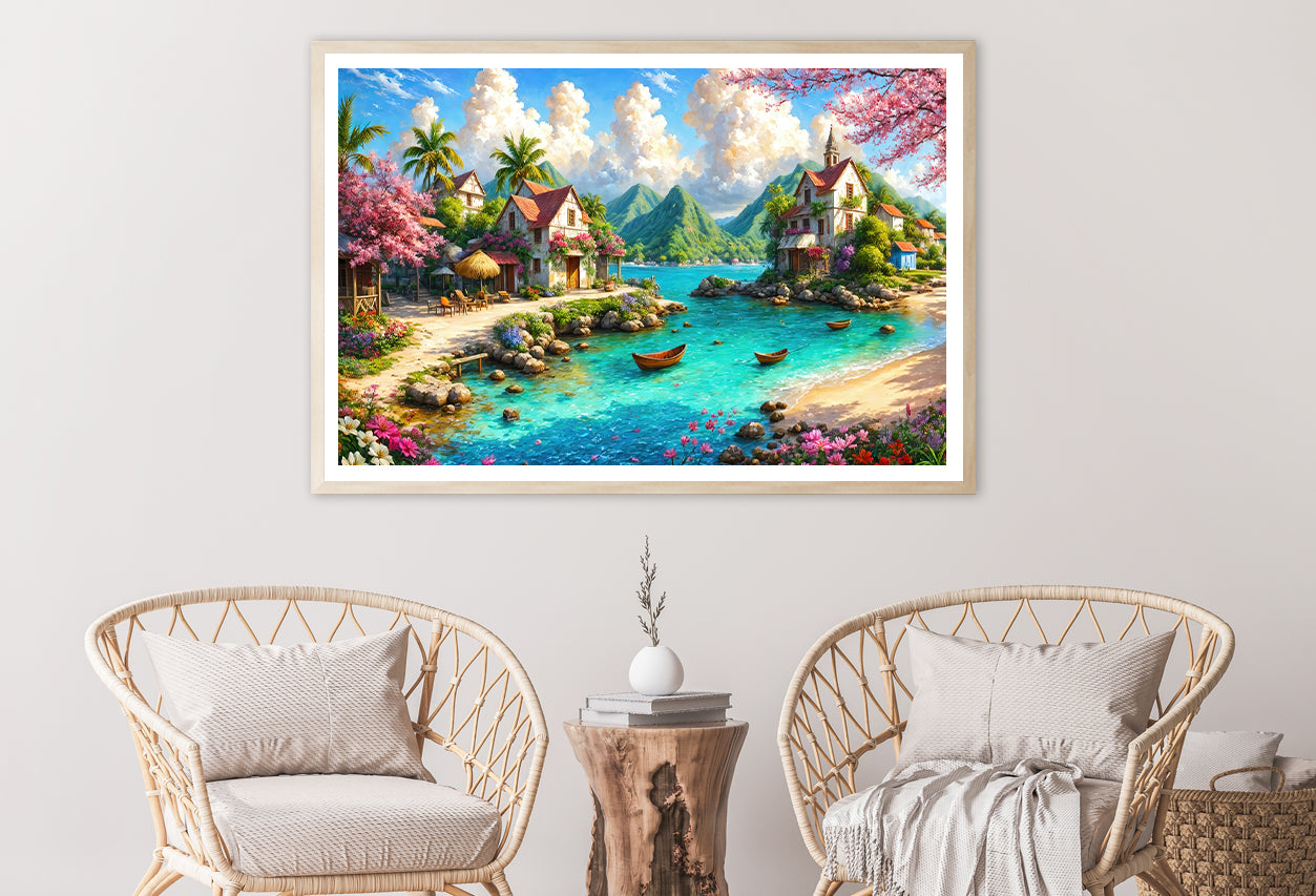 Beautiful Painting of a Lakeside Village with Mountains Home Decor Premium Quality Poster Print Choose Your Sizes