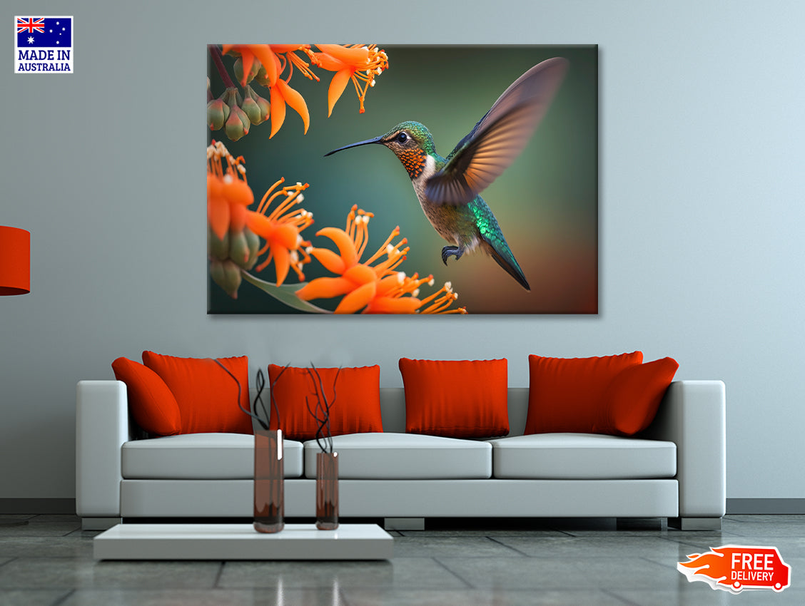 Hummingbird Flies over a Bright Flower Print 100% Australian Made - Bella Home Decor