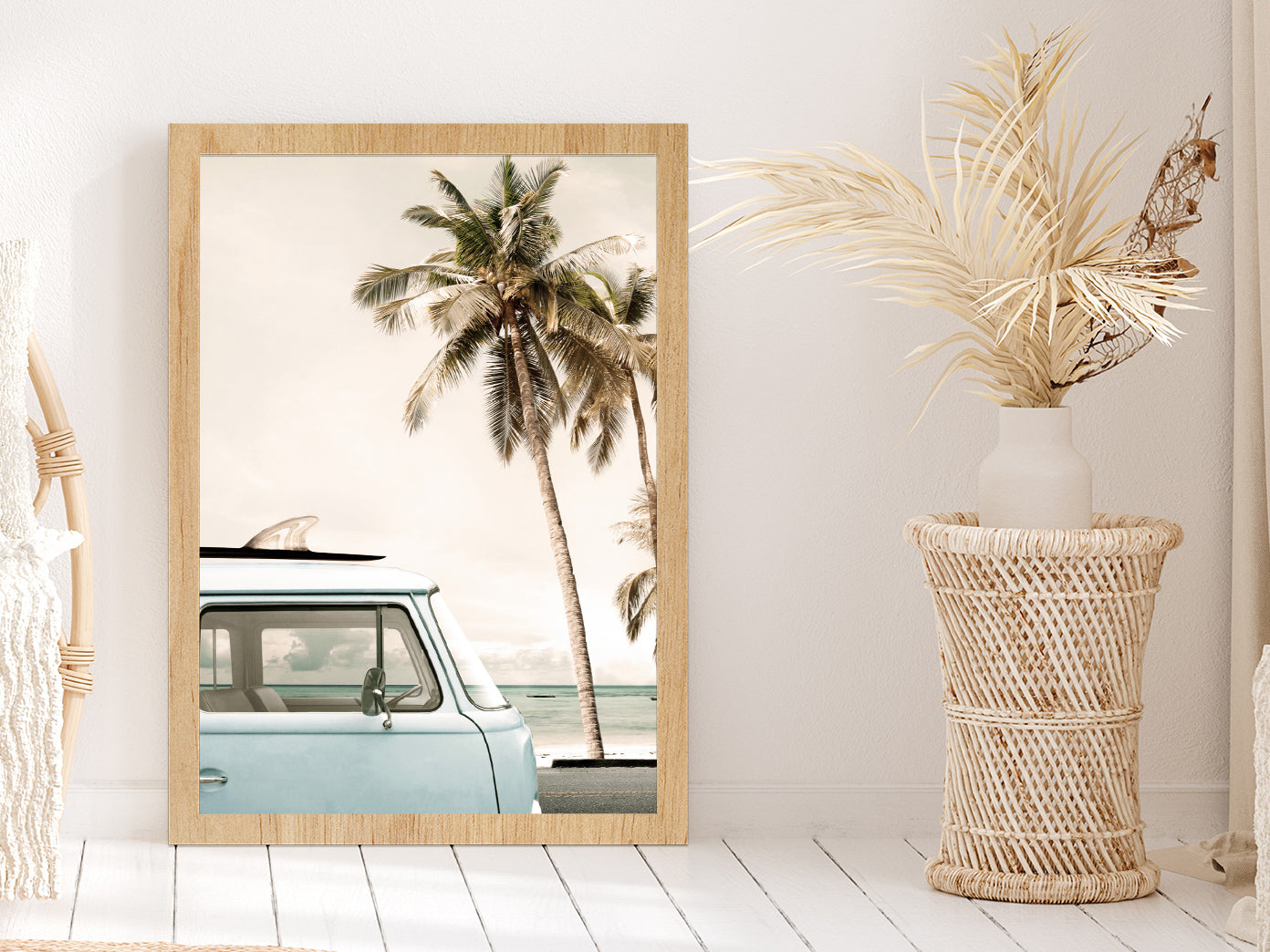 Van near Palm Beach Faded Photograph Glass Framed Wall Art, Ready to Hang Quality Print Without White Border Oak