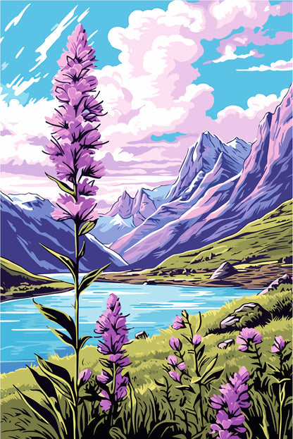 Purple Fireweed Alpine Lake Landscape 60x90cm Metal Print Ready to Hang