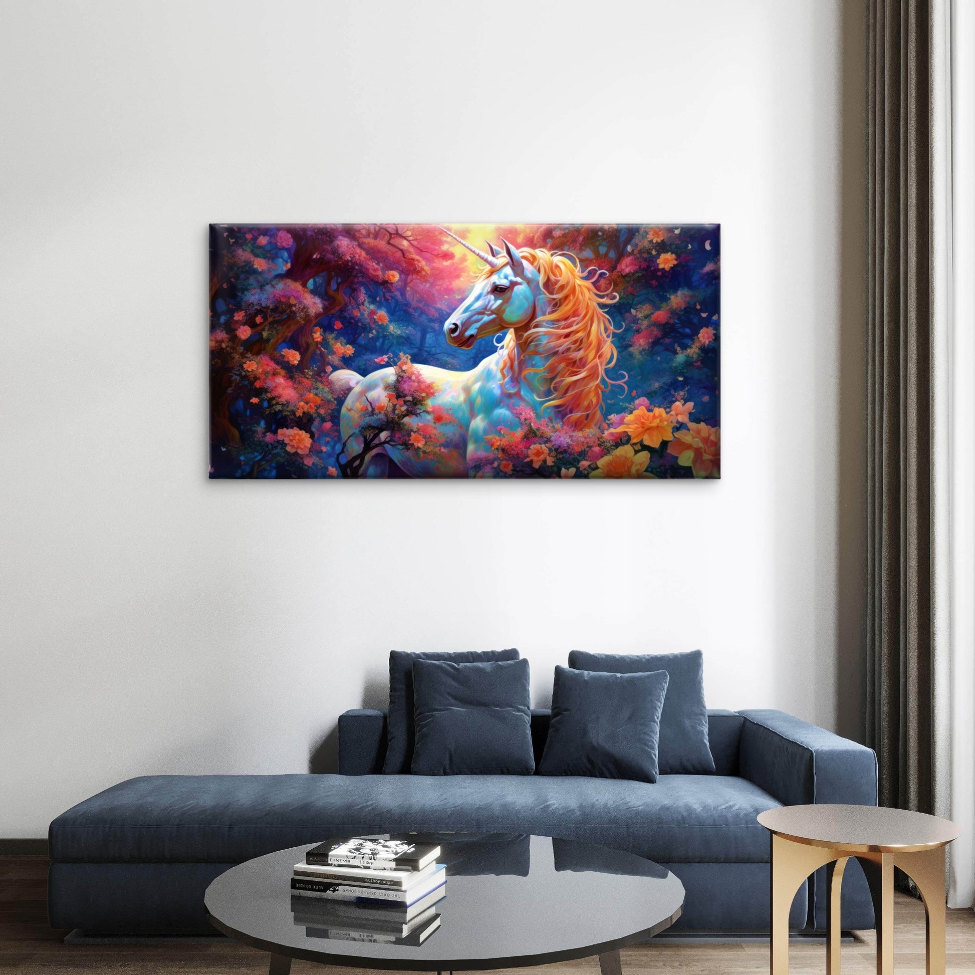 Magical Unicorn Rainbow Floral Fantasy Wall Art Canvas Office Home Framed 120x60cm