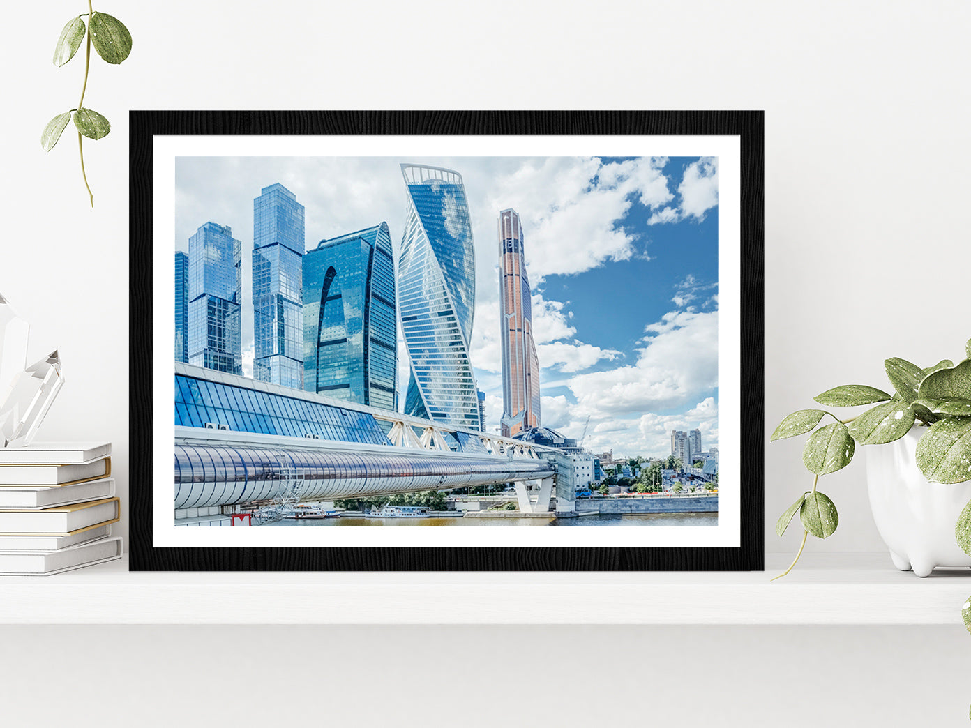 Mirror Skyscrapers In Moscow City Glass Framed Wall Art, Ready to Hang Quality Print With White Border Black
