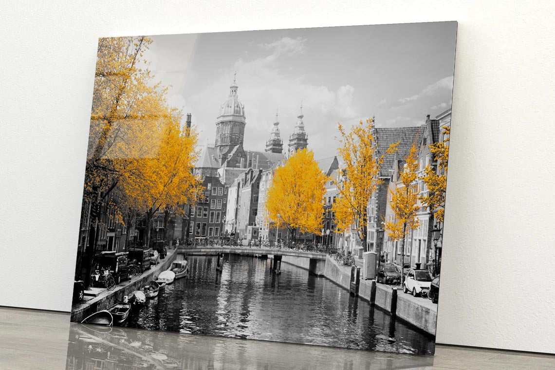 B&W Old Town Canal in Amsterdam Acrylic Glass Print Tempered Glass Wall Art 100% Made in Australia Ready to Hang