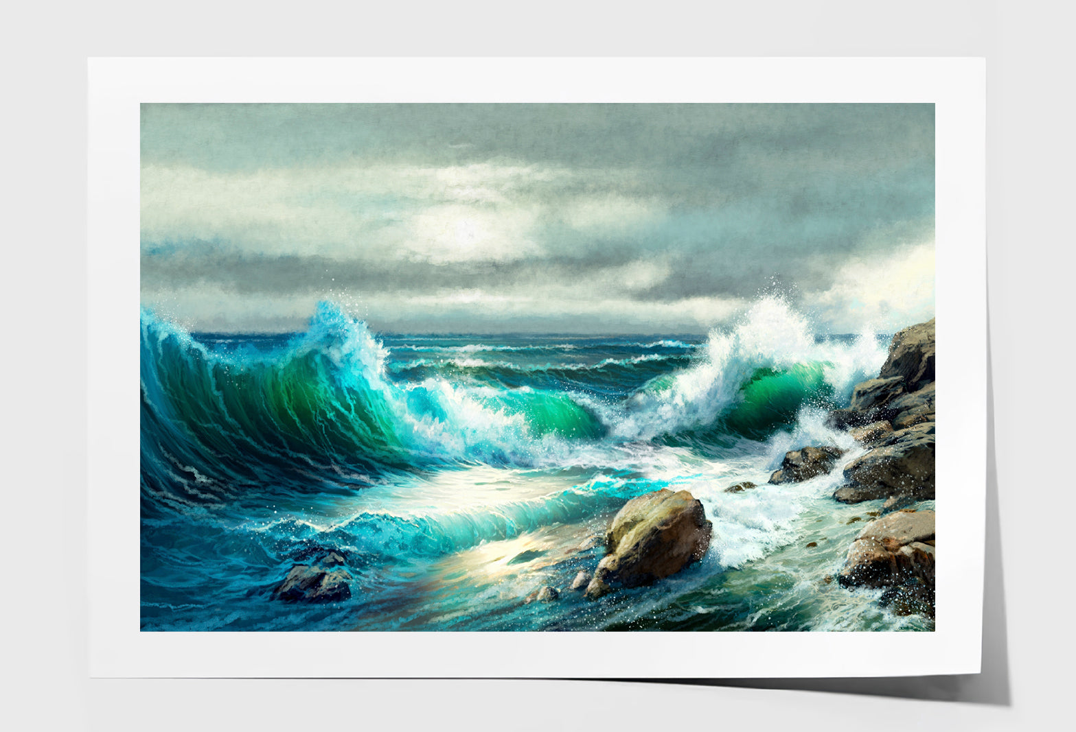 Sea Waves Crashing on Rocks Oil Painting Wall Art Limited Edition High Quality Print Unframed Roll Canvas None