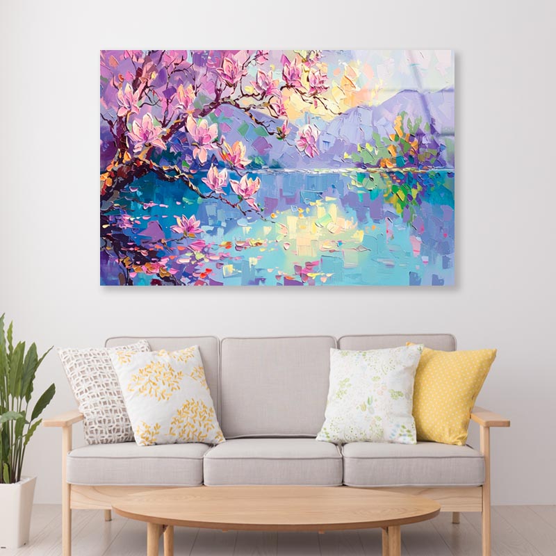 Watercolor Of Cherry Blossoms Landscape  Acrylic Glass Print Tempered Glass Wall Art 100% Made in Australia Ready to Hang