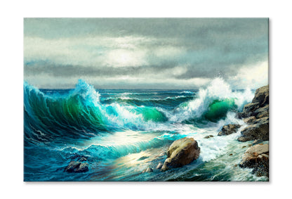 Sea Waves Crashing on Rocks Oil Painting Wall Art Limited Edition High Quality Print Stretched Canvas None