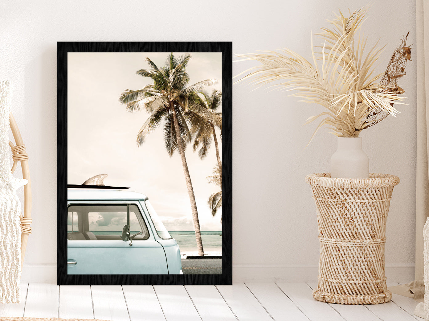 Van near Palm Beach Faded Photograph Glass Framed Wall Art, Ready to Hang Quality Print Without White Border Black