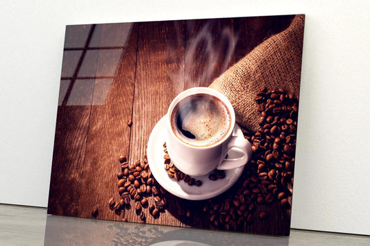 Cup Of Coffee with Steam Rising Out of It Acrylic Glass Print Tempered Glass Wall Art 100% Made in Australia Ready to Hang