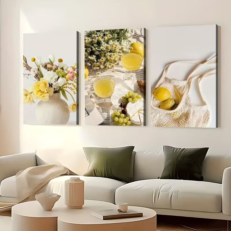 3pcs Tasting Picnic with Lemon Grape Plants and Flowers Wall Art Set Canvas Framed 40x60cm - High Quality Print 100% Australian Made Wall Canvas Ready to Hang