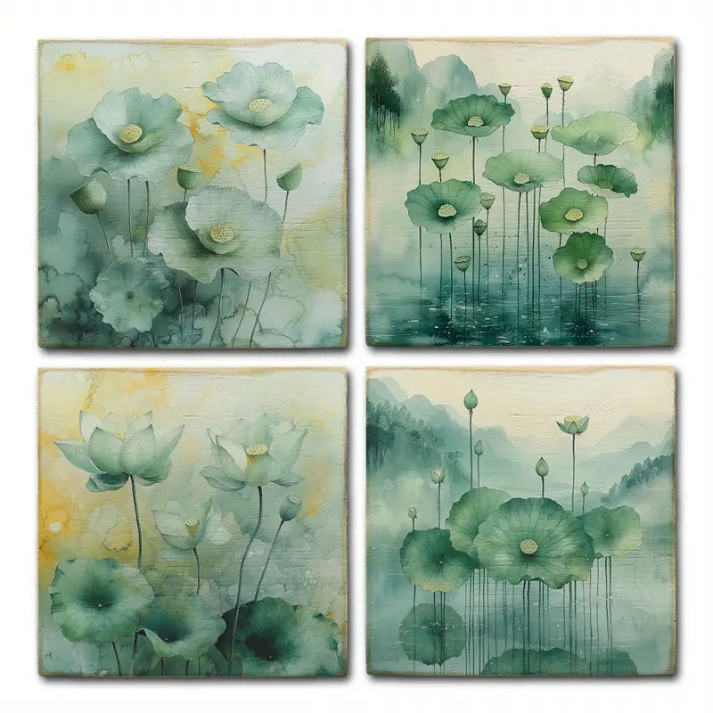 4pcs Lotus Green Leaves Wall Art Canvas Framed - Bella Home Decor