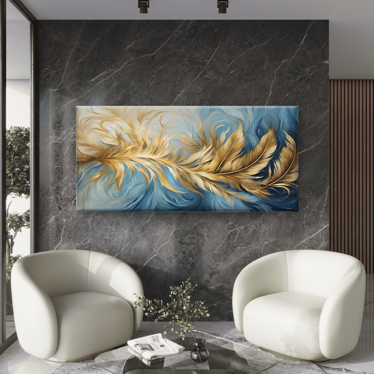 Golden Feathers on Blue Back Wall Art Canvas Office Home Room Framed 120x60cm