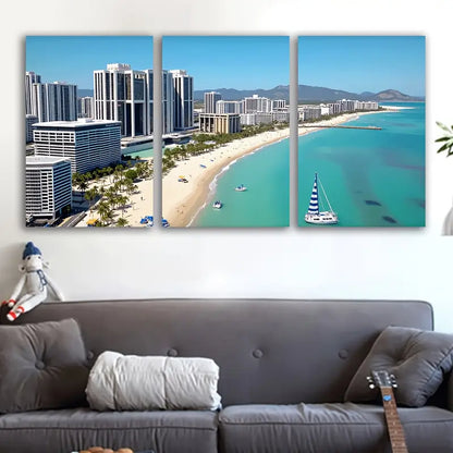 3pcs Beach Coastal Cityscape With Palm Trees Wall Art Set Canvas Framed 60x90cm - High Quality Print 100% Australian Made Wall Canvas Ready to Hang - Bella Home Decor