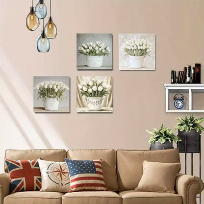 4pcs Tulip Flowers Distressed Wall Art Canvas Framed