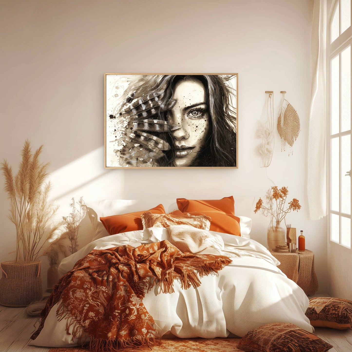 Girl Face Portrait with Feathers Black & White Print 100% Australian Made