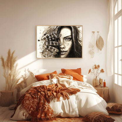 Girl Face Portrait with Feathers Black & White Print 100% Australian Made