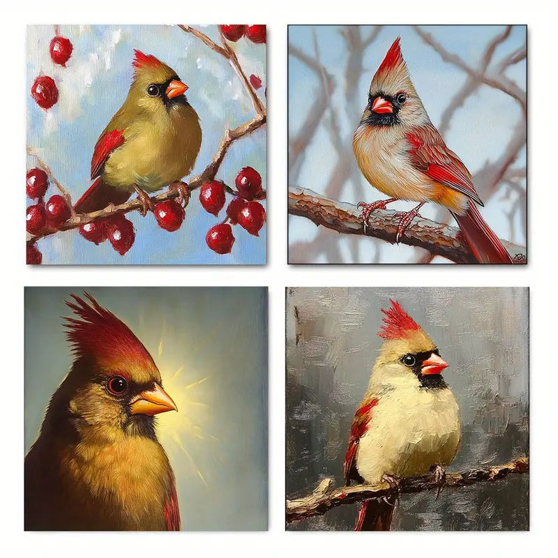 4pcs Vintage Style Red Cardinal Bird Wall Art Canvas Framed