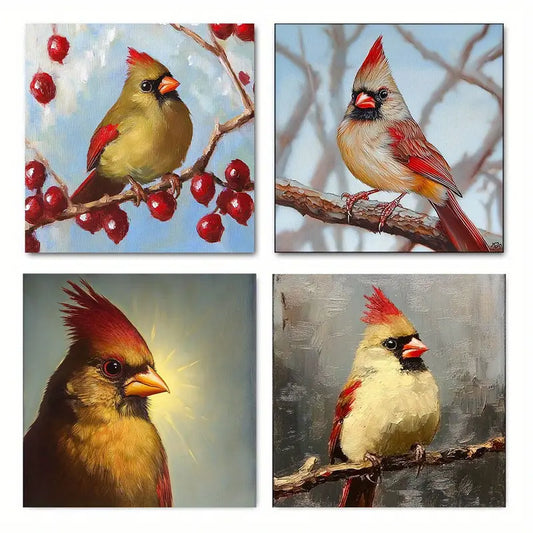 4pcs Vintage Style Red Cardinal Bird Wall Art Canvas Framed