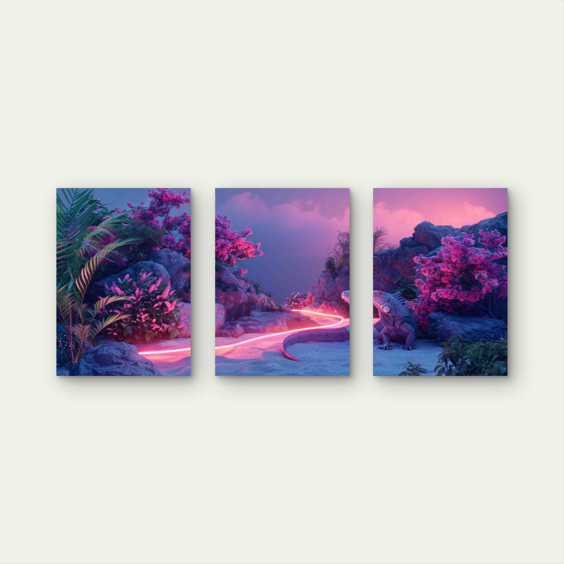 3pcs Iguana Neon Lights Metal Print Ready to Hang Art