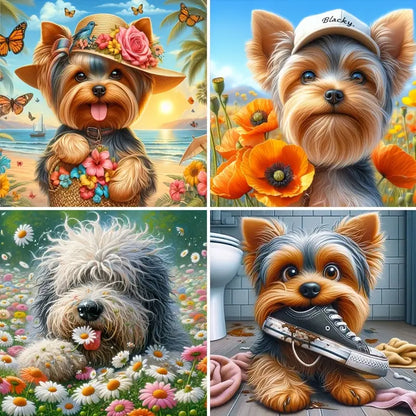 4pcs Quirky Puppy Design Wall Art Canvas Framed