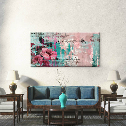 Pink Teal Sheet Music Floral Wall Art Canvas Office Home Room Framed 120x60cm