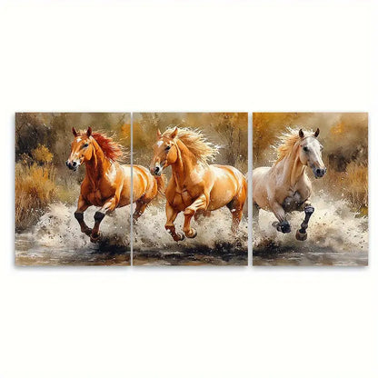 3pcs Brown Tan Horses Running Metal Print Ready to Hang Art - Bella Home Decor