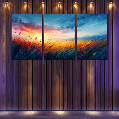 3pcs Vibrant Sunset Over a Field of Tall Grass Wall Art Set Canvas Framed 60x90cm - High Quality Print 100% Australian Made Wall Canvas Ready to Hang