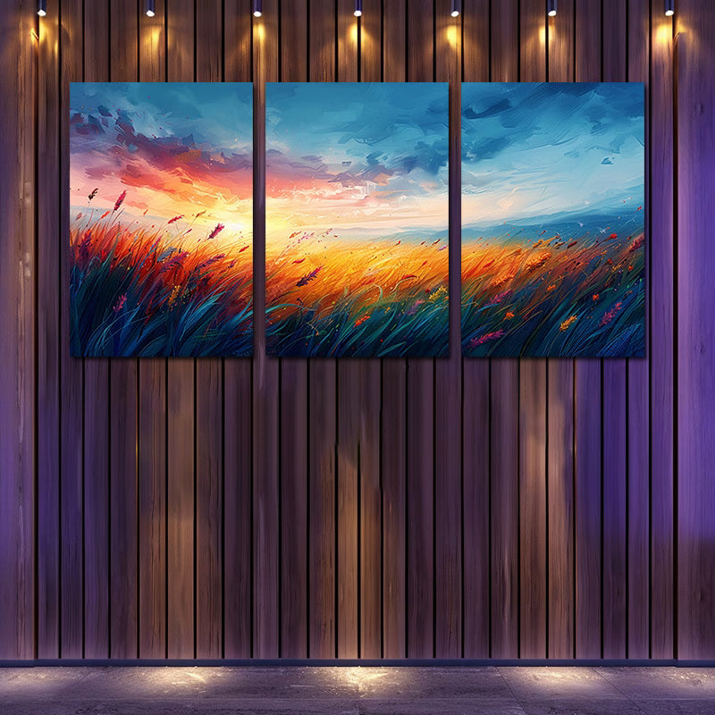 3pcs Vibrant Sunset Over a Field of Tall Grass Wall Art Set Canvas Framed 50x70cm - High Quality Print 100% Australian Made Wall Canvas Ready to Hang