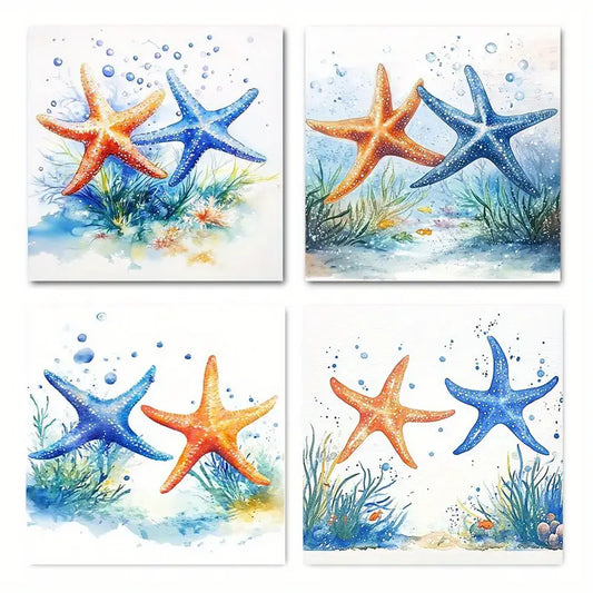 4pcs Blue Ocean Starfish  Wall Art Canvas Framed